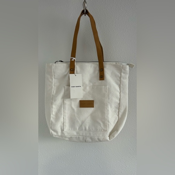 cozy earth Handbags - Cozy Earth Cream Canvas Tote with Tan Leather Handles